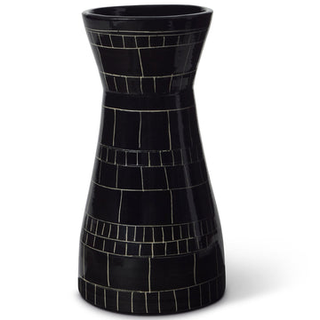 Black mosaic vase on a white background Explore the artistry of Wayne Perry with this 6in black and white ceramic vase. Handcrafted and signed, each piece showcases unique sgraffito techniques and film strip inspiration.